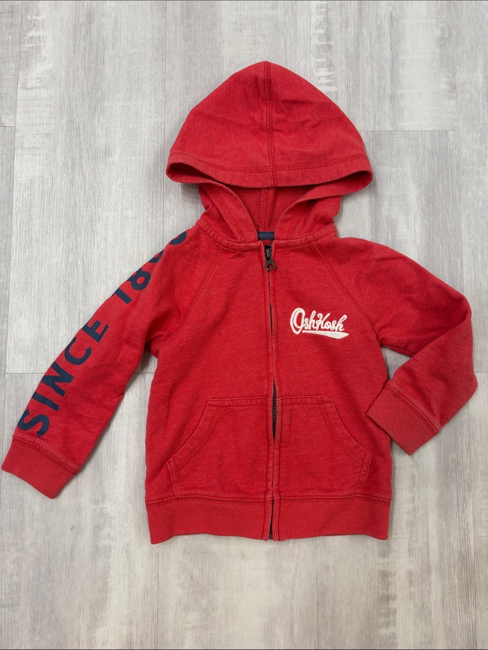 OshKosh B'gosh Red Zip-Up Hoodie with Navy Sleeve Text 2T